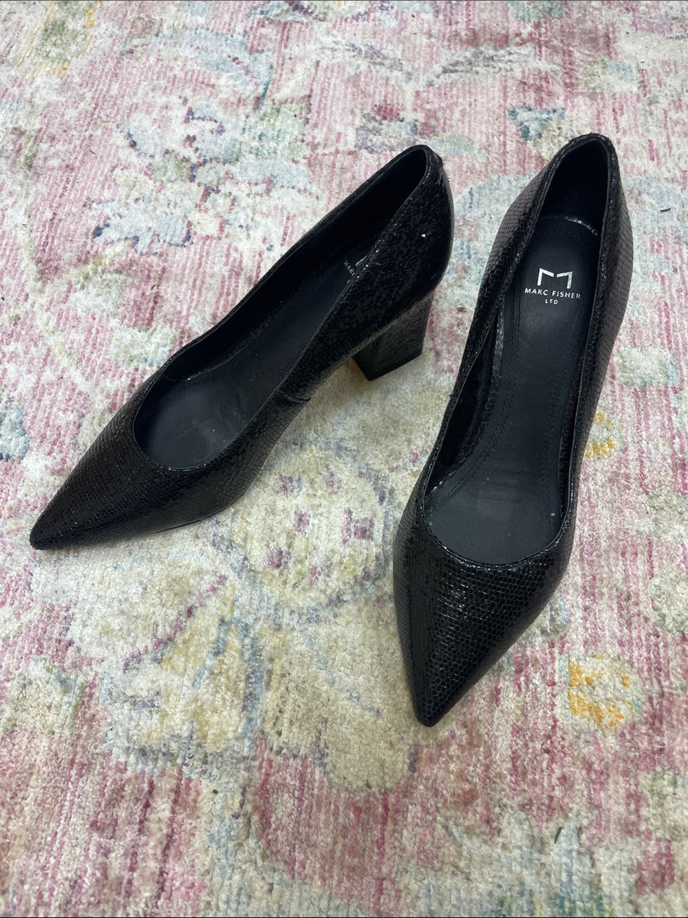 Marc Fisher Black Lizard Embossed Pointed Toe Block Heel